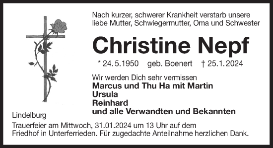 Traueranzeige von Christine Nepf von Der Bote