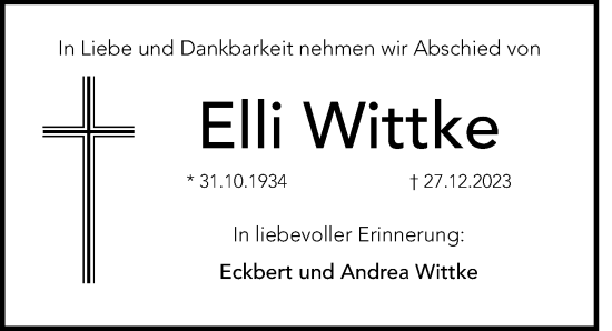 Traueranzeige von Elli Wittke von Hersbrucker Zeitung Lokal