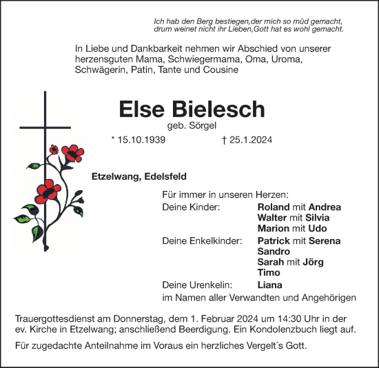 Traueranzeige von Else Bielesch von Hersbrucker Zeitung Lokal
