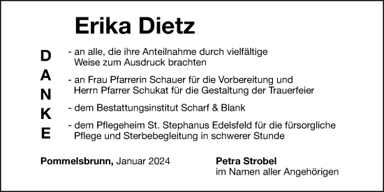 Traueranzeige von Erika Dietz von Hersbrucker Zeitung Lokal