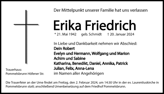 Traueranzeige von Erika Friedrich von Hersbrucker Zeitung Lokal