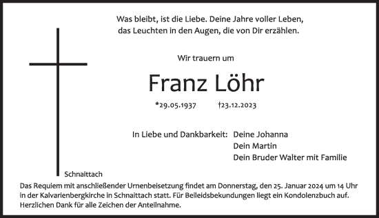 Traueranzeige von Franz Löhr von Pegnitz-Zeitung