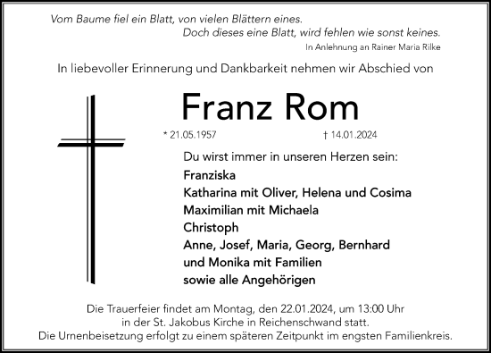 Traueranzeige von Franz Rom von Hersbrucker Zeitung Lokal