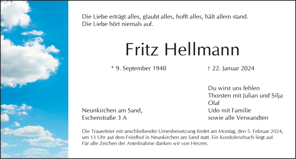 Traueranzeige für Fritz Hellmann vom 27.01.2024 aus Pegnitz-Zeitung