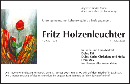 Traueranzeige von Fritz Holzenleuchter von Pegnitz-Zeitung