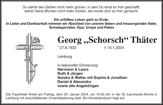 Traueranzeige von Georg  Thäter von Pegnitz-Zeitung