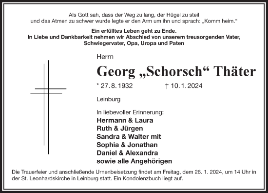 Traueranzeige von Georg  Thäter von Der Bote