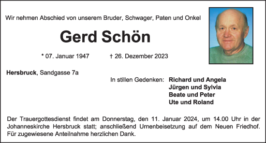 Traueranzeige von Gerd Schön von Hersbrucker Zeitung Lokal