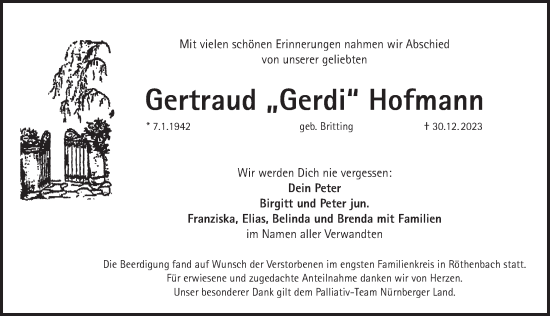 Traueranzeige von Gertraud  Hofmann von Pegnitz-Zeitung