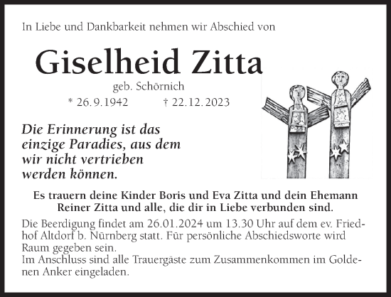Traueranzeige von Giselheid Zitta von Der Bote