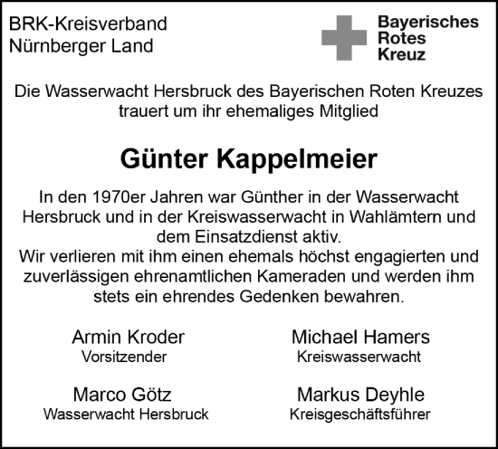 Traueranzeige von Günter Kappelmeier von Hersbrucker Zeitung Lokal