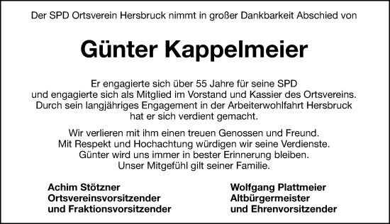 Traueranzeige von Günter Kappelmeier von Hersbrucker Zeitung Lokal