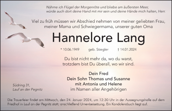 Traueranzeige von Hannelore Lang von Hersbrucker Zeitung Lokal
