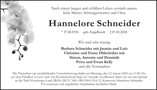 Traueranzeige von Hannelore Schneider von Pegnitz-Zeitung
