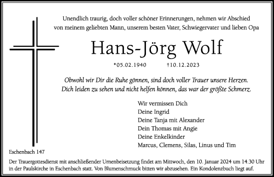 Traueranzeige von Hans-Jörg Wolf von Hersbrucker Zeitung Lokal