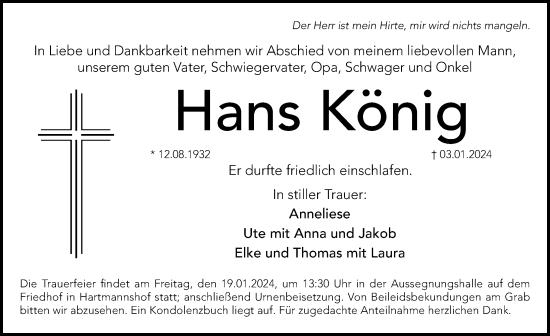 Traueranzeige von Hans König von Hersbrucker Zeitung Lokal
