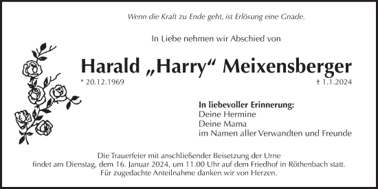 Traueranzeige von Harald Meixensberger von Pegnitz-Zeitung