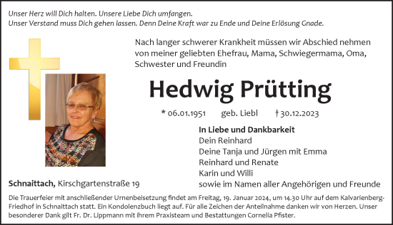 Traueranzeige von Hedwig Prütting von Pegnitz-Zeitung