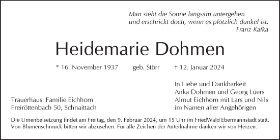 Traueranzeige von Heidemarie Dohmen von Pegnitz-Zeitung