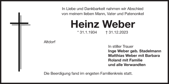 Traueranzeige von Heinz Weber von Der Bote