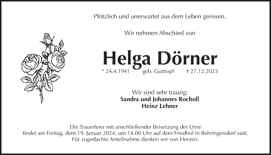 Traueranzeige von Helga Dörner von Pegnitz-Zeitung