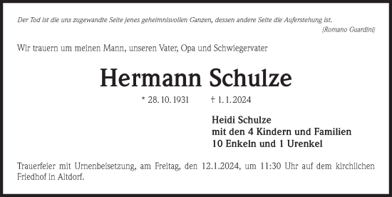 Traueranzeige von Hermann Schulze von Der Bote