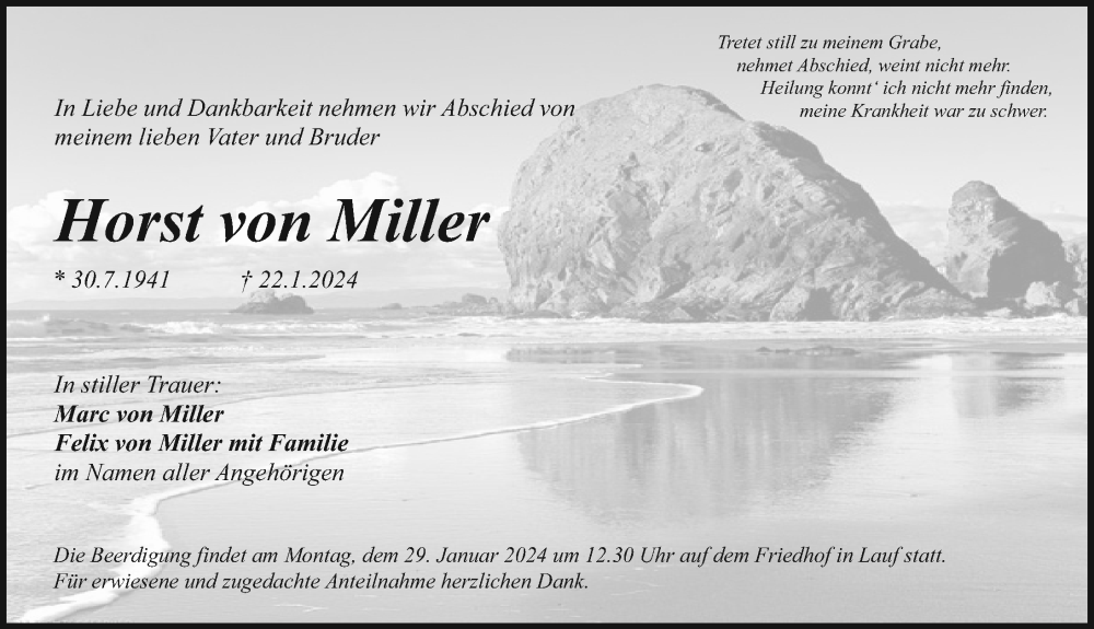  Traueranzeige für Horst von Miller vom 25.01.2024 aus Pegnitz-Zeitung