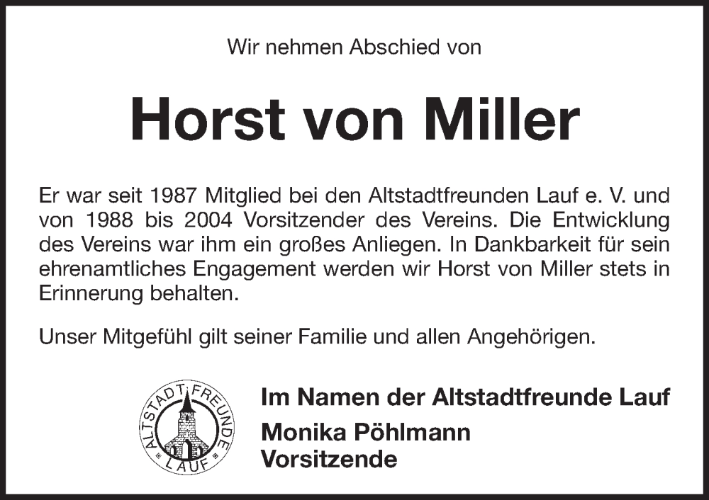  Traueranzeige für Horst von Miller vom 31.01.2024 aus Pegnitz-Zeitung