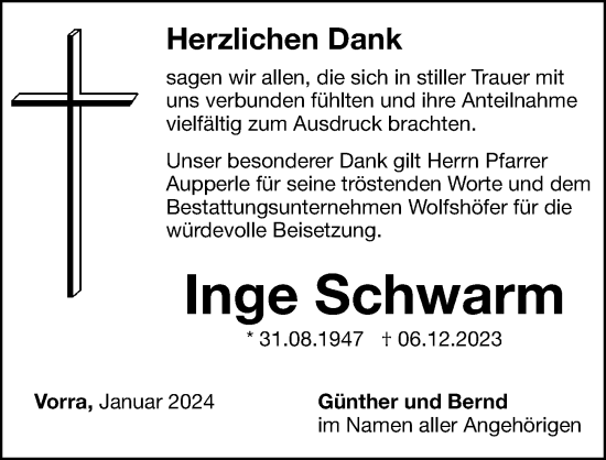 Traueranzeige von Inge Schwarm von Hersbrucker Zeitung Lokal
