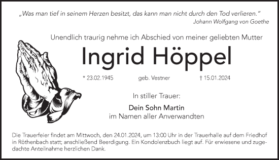 Traueranzeige von Ingrid Höppel von Pegnitz-Zeitung