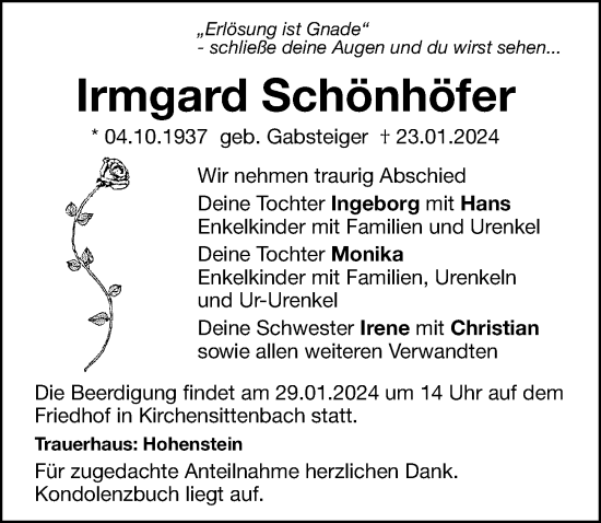 Traueranzeige von Irmgard Schönhöfer von Hersbrucker Zeitung Lokal