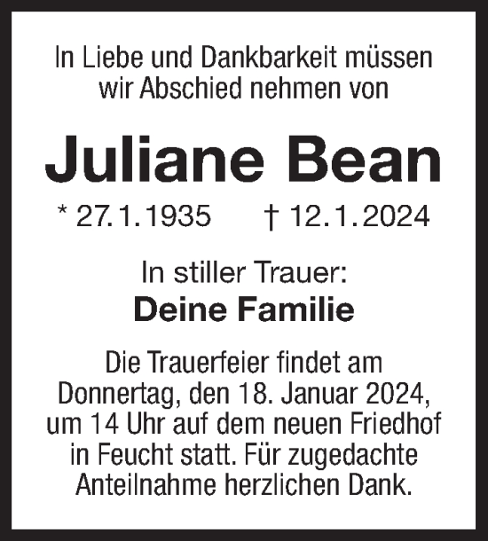 Traueranzeige von Juliane Bean von Der Bote