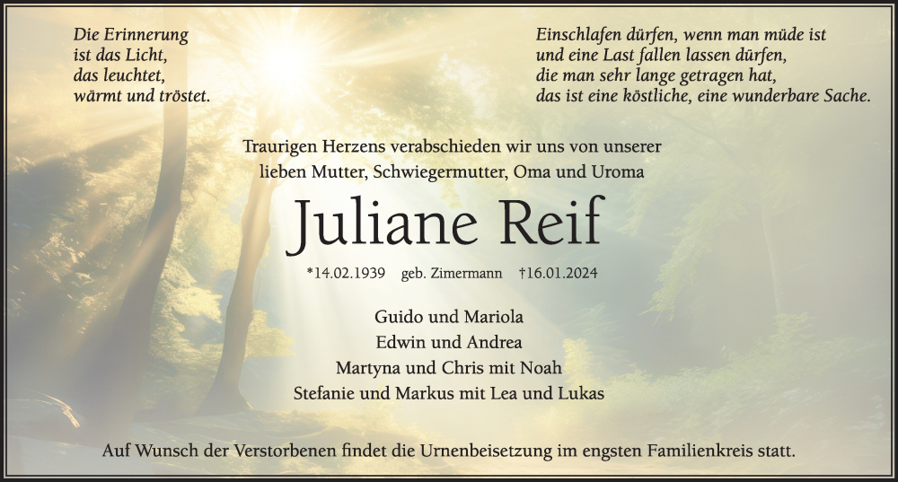  Traueranzeige für Juliane Reif vom 20.01.2024 aus Hersbrucker Zeitung Lokal