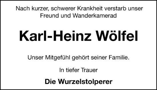 Traueranzeige von Karl-Heinz Wölfel von Hersbrucker Zeitung Lokal