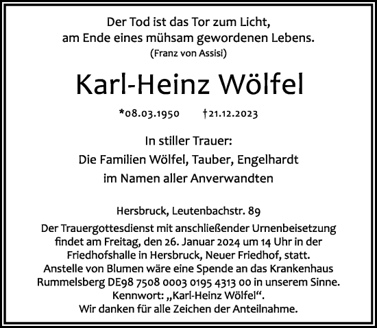 Traueranzeige von Karl-Heinz Wölfel von Hersbrucker Zeitung Lokal