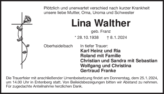 Traueranzeige von Lina Walther von Der Bote