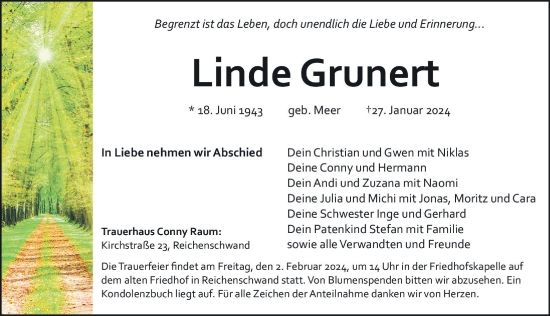 Traueranzeige von Linde Grunert von Hersbrucker Zeitung Lokal