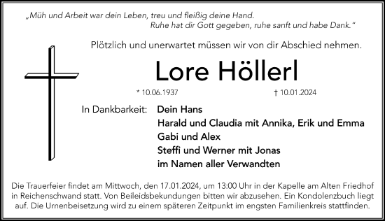Traueranzeige von Lore Höllerl von Hersbrucker Zeitung Lokal