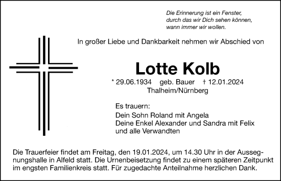 Traueranzeige von Lotte Kolb von Hersbrucker Zeitung Lokal