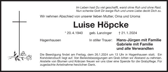 Traueranzeige von Luise Höpcke von Der Bote