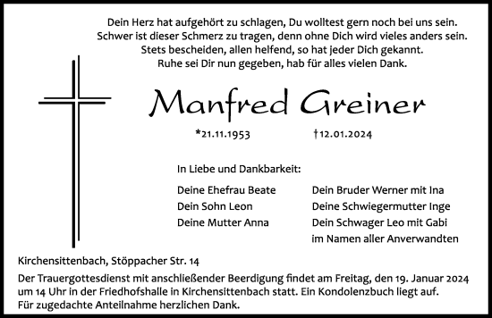 Traueranzeige von Manfred Greiner von Hersbrucker Zeitung Lokal