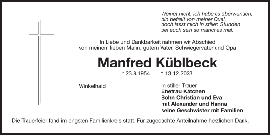 Traueranzeige von Manfred Küblbeck von Der Bote
