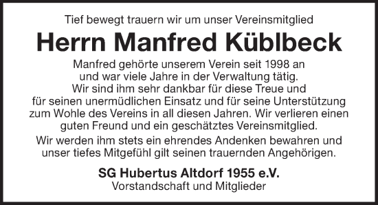 Traueranzeige von Manfred Küblbeck von Der Bote