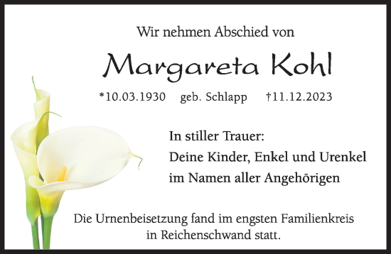 Traueranzeige von Margareta Kohl von Hersbrucker Zeitung Lokal