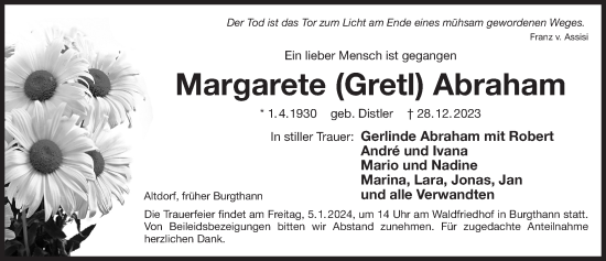 Traueranzeige von Margarete Abraham von Der Bote
