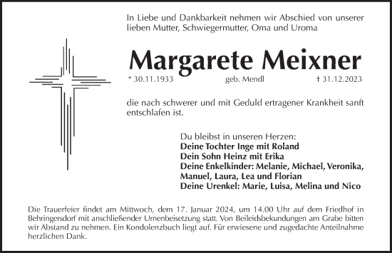 Traueranzeige von Margarete Meixner von Pegnitz-Zeitung
