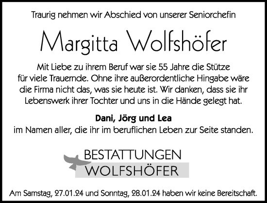 Traueranzeige von Margitta Wolfshöfer von Hersbrucker Zeitung Lokal