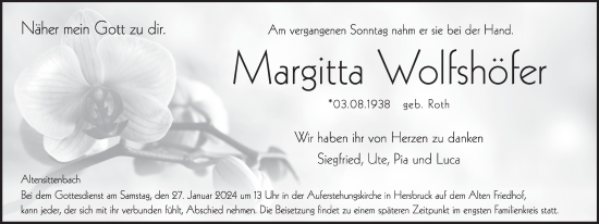 Traueranzeige von Margitta Wolshöfer von Pegnitz-Zeitung