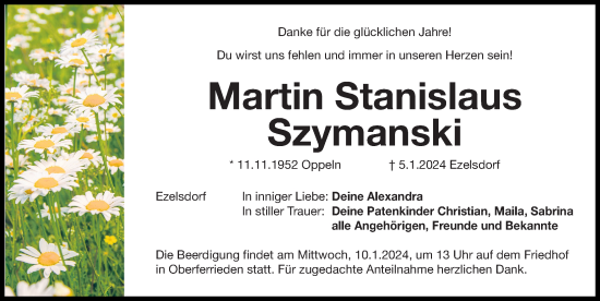 Traueranzeige von Martin Stanislaus Szymanski von Der Bote