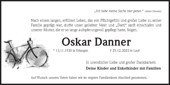 Traueranzeige von Oskar Danner von Pegnitz-Zeitung